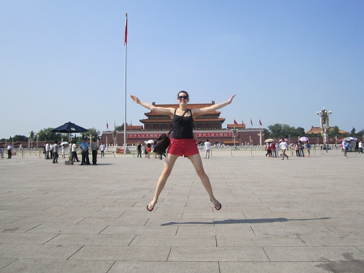 Tourist jumping in Tiananmen Square
