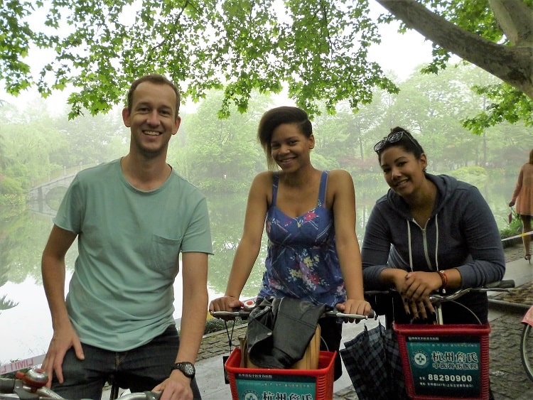 Tourists on bikes in Hangzhou