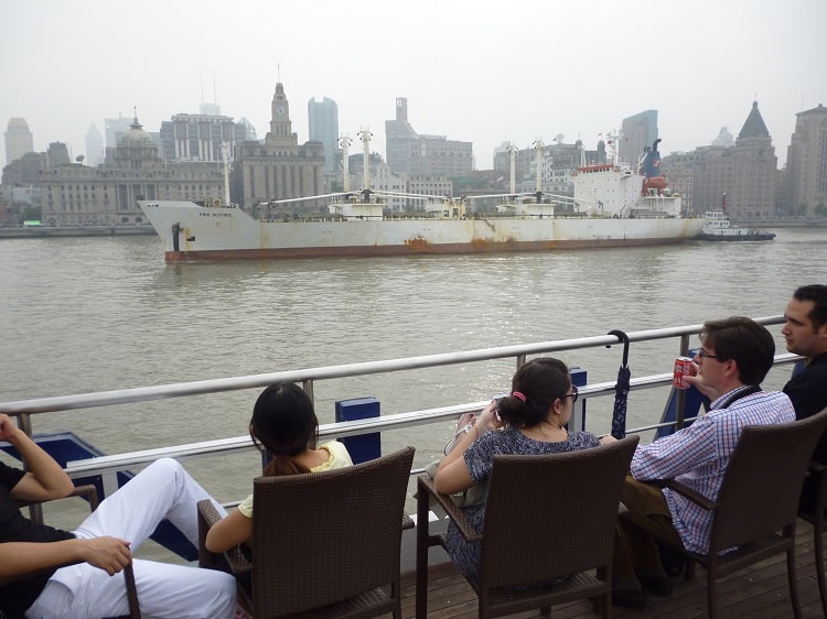 tourists on Huangpu River cruise at the Bund
